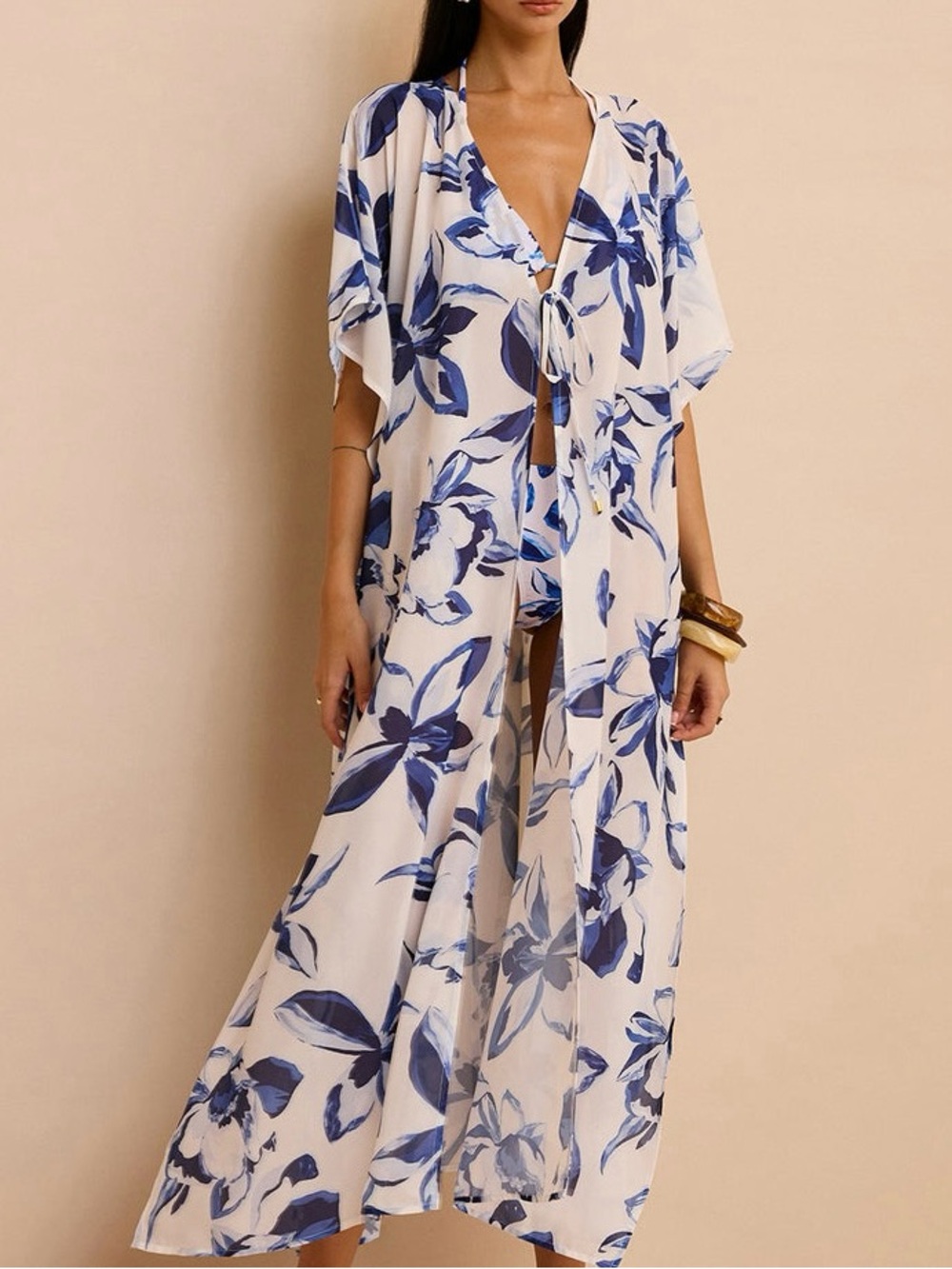 Commence Sheer Floral Kimono Cover Up with Tie-Front NWT